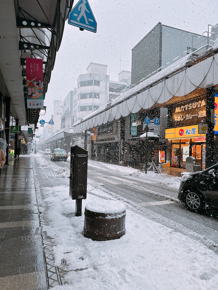 大通りに雪が降っている